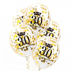 Balony z konfetti złote na 30 urodziny, 5 szt.