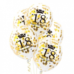 Balony z konfetti złote na 18 urodziny, 5 szt.