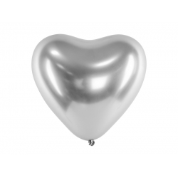 Balony chromowane Glossy 27 cm, Serca, srebrny, 10 szt.