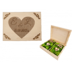 Drewniane pudełko na obrączki ślubne personalizacja, grawer, mech, juta.