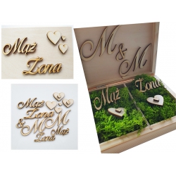 Drewniane pudełko na obrączki ślubne personalizacja, Mąż - Żona, mech.