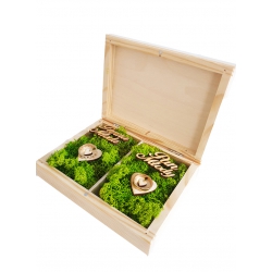 Drewniane pudełko na obrączki ślubne grawer, personalizacja, serce, mech.