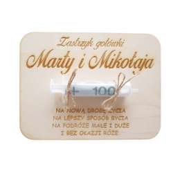 Drewniana kartka na prezent, pieniądze- Zastrzyk Gotówki, ślub, IMIĘ, grawer
