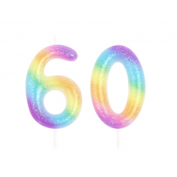 Świeczka urodzinowa na tort Cyfra 60, tęczowa z brokatem, 10 cm