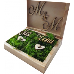Drewniane pudełko na obrączki ślubne personalizacja, Mąż - Żona, mech.